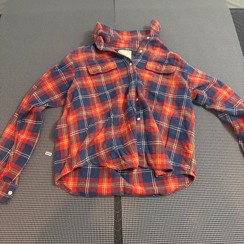 Abercrombie & Fitch Mens Large Red Blue Plaid Flannel Button Down Shirt Cotton